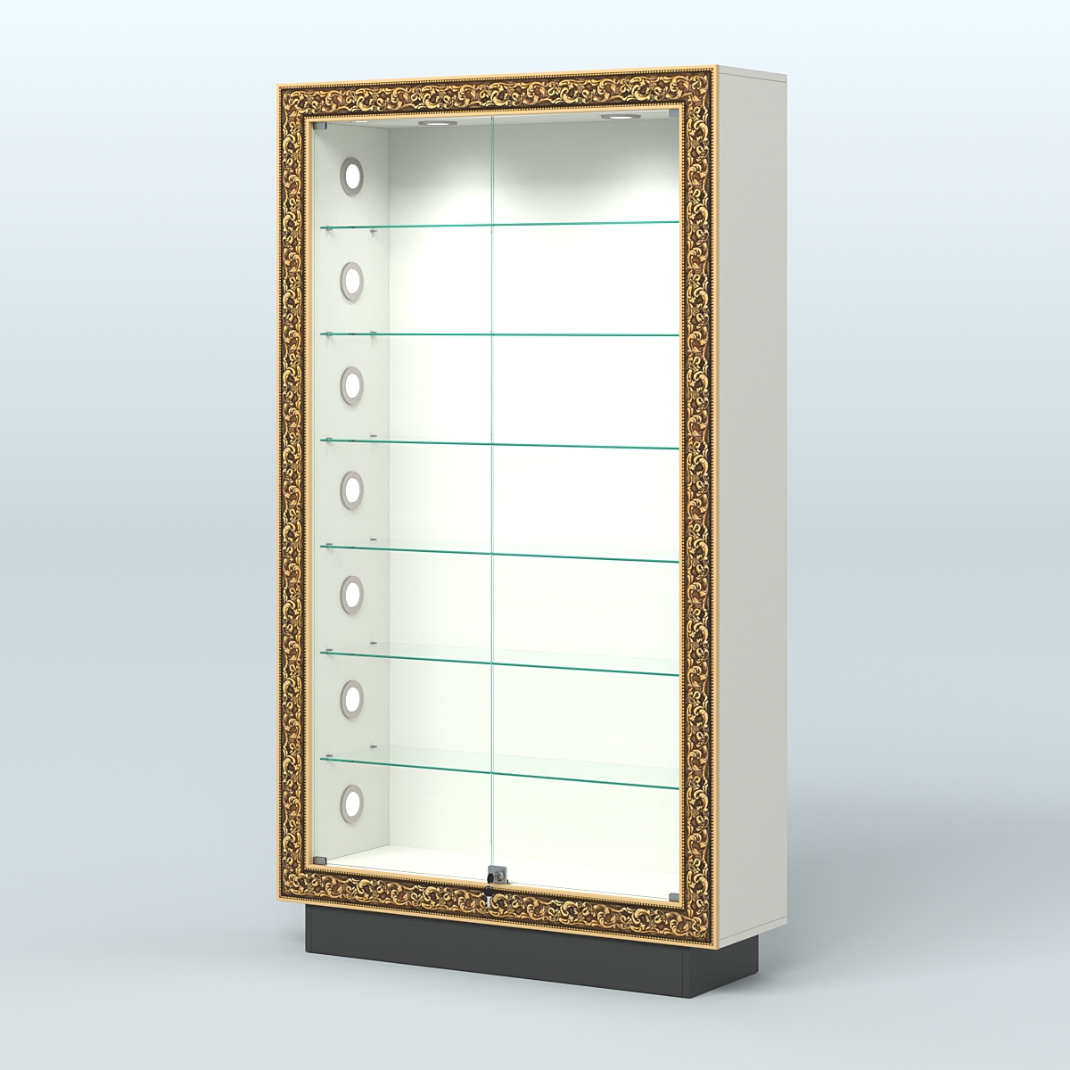 Низкая витрина с декором и шестью прозрачными полками НБА-9С Белый и Черный