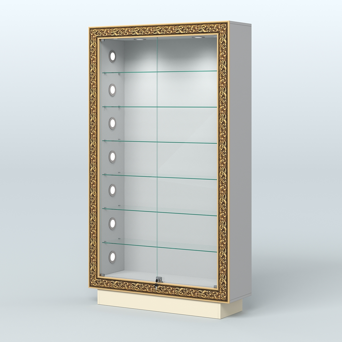 Низкая витрина с декором и шестью прозрачными полками НБА-9С Серый + Крем Вайс