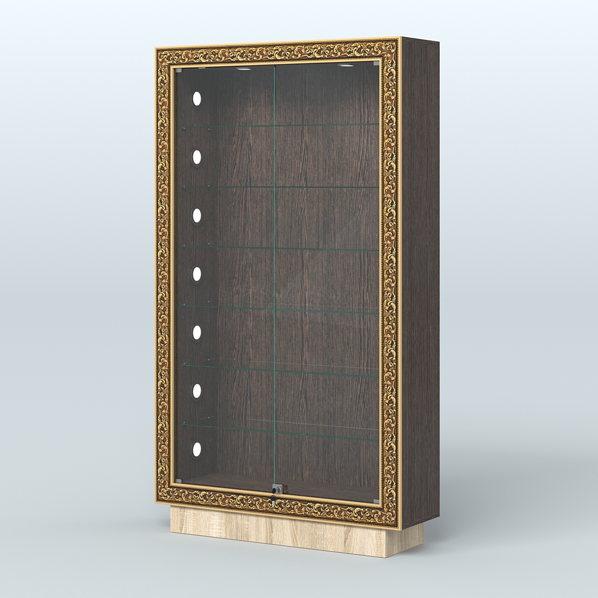 Низкая витрина с декором и шестью прозрачными полками НБА-9С Дуб Венге + Дуб Сонома