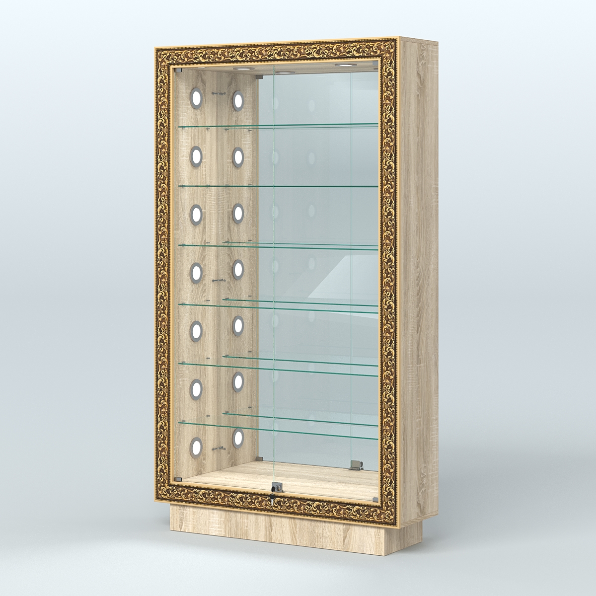 Низкая витрина с декором и шестью стеклянными полками НБА-11С Дуб сонома