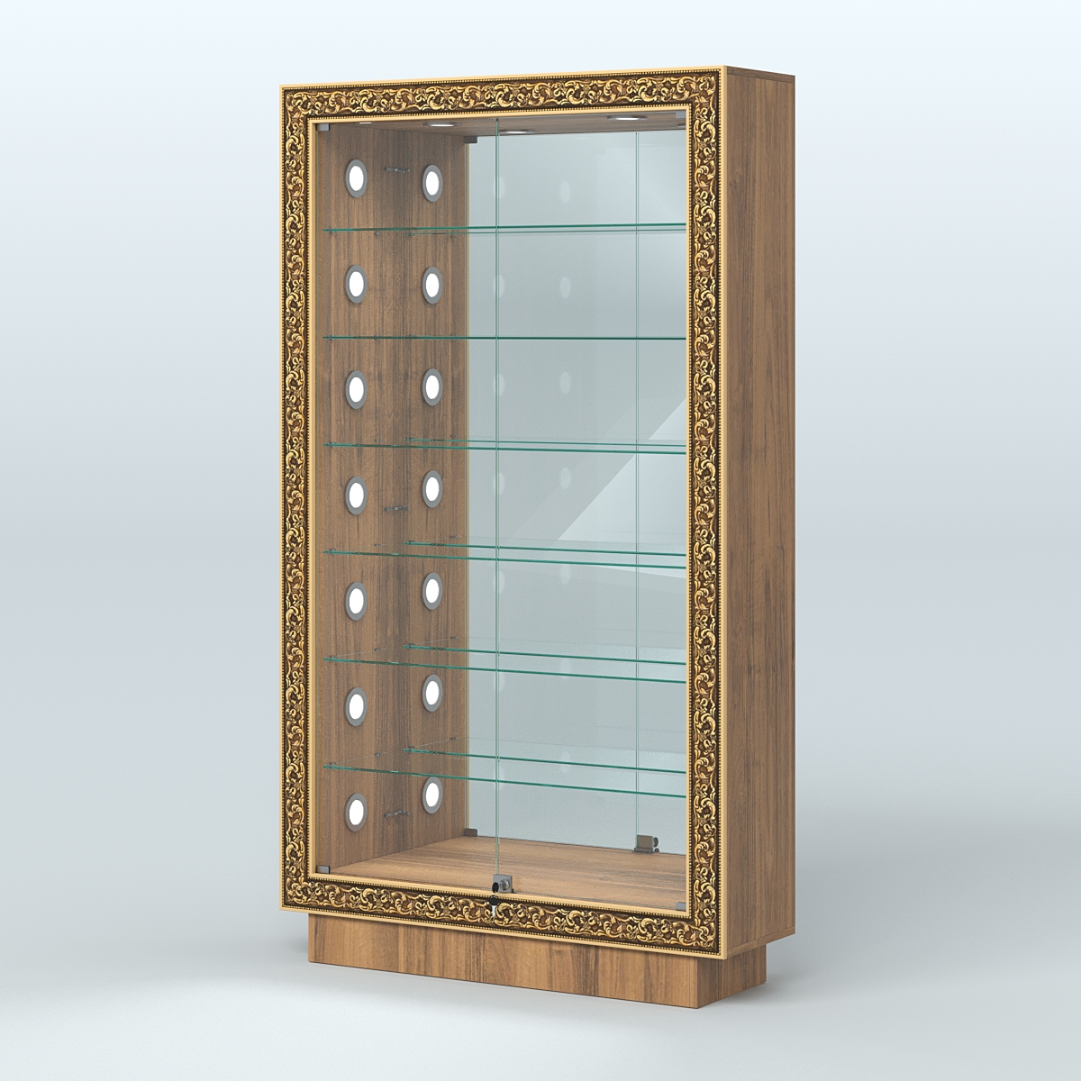 Низкая витрина с декором и шестью стеклянными полками НБА-11С Орех