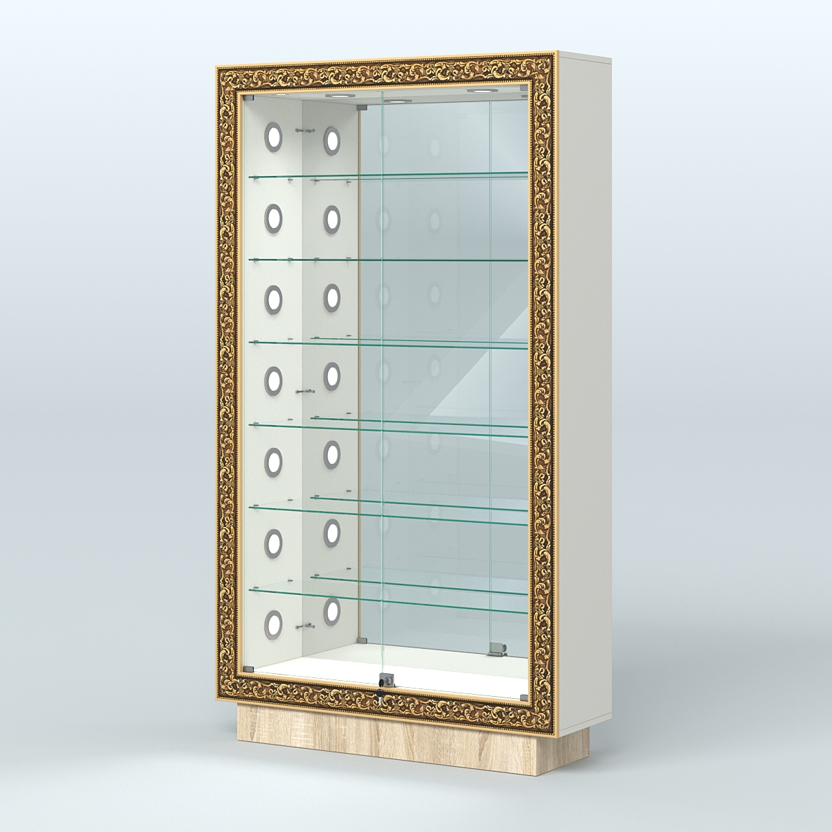 Низкая витрина с декором и шестью стеклянными полками НБА-11С Белый + Дуб Сонома