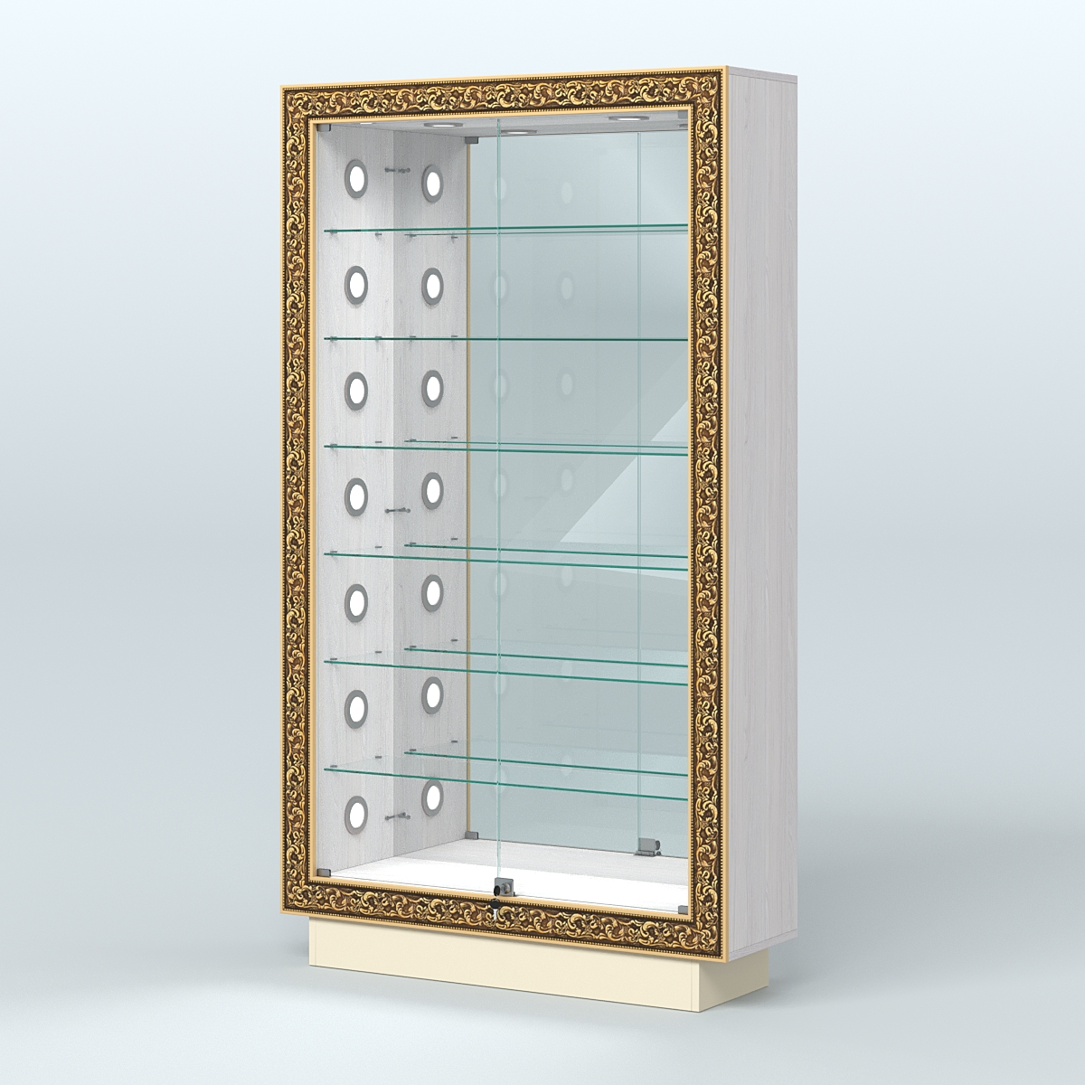 Низкая витрина с декором и шестью стеклянными полками НБА-11С Ясень Анкор светлый и Крем Вайс