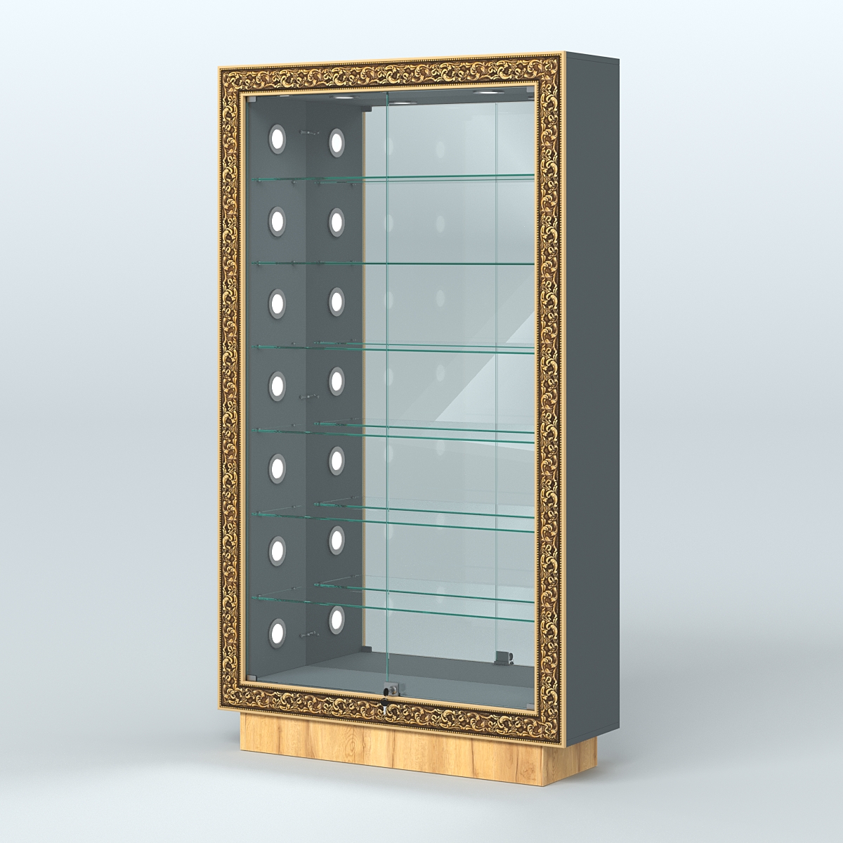Низкая витрина с декором и шестью стеклянными полками НБА-11С Темно-Серый  + Дуб Золотистый