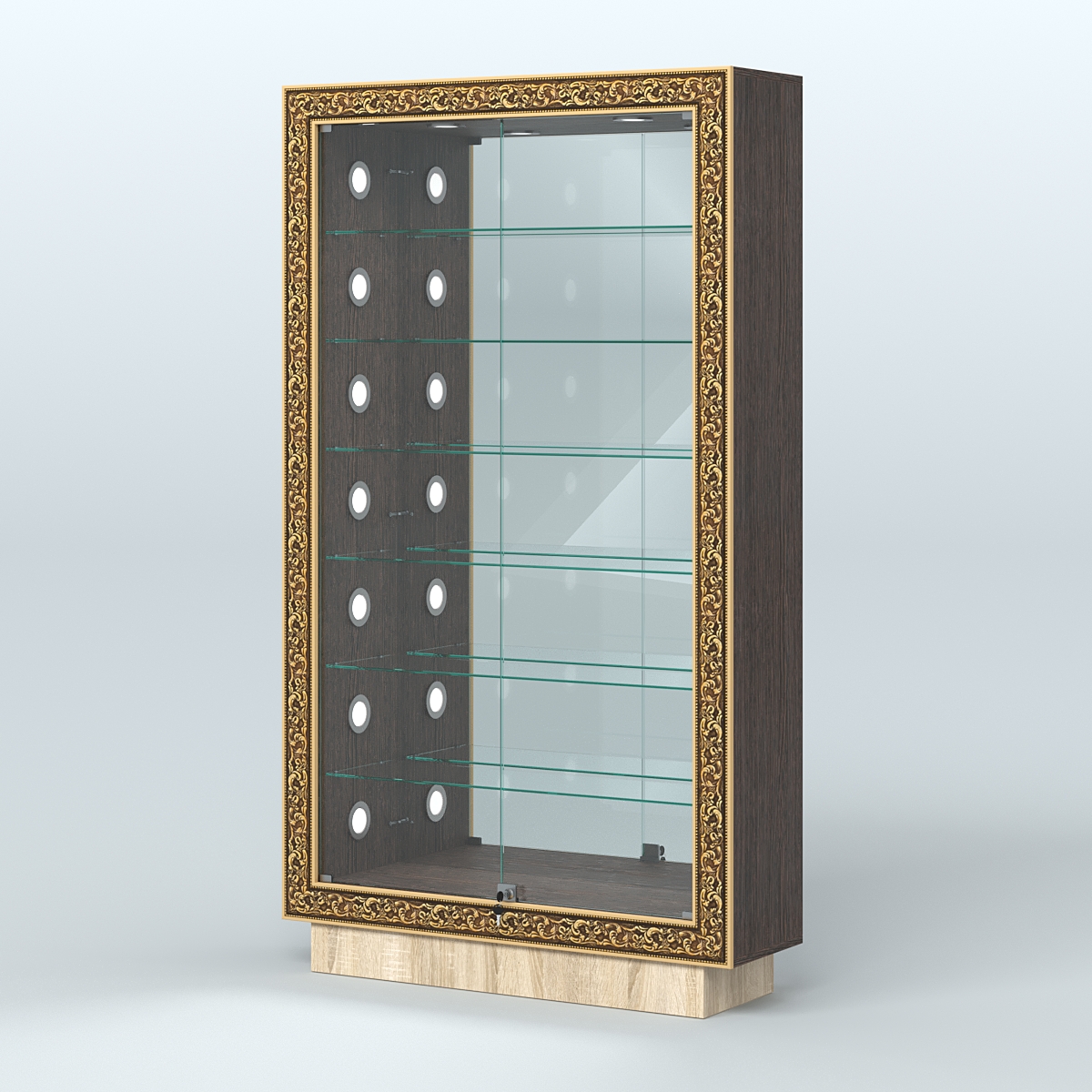 Низкая витрина с декором и шестью стеклянными полками НБА-11С Дуб Венге + Дуб Сонома