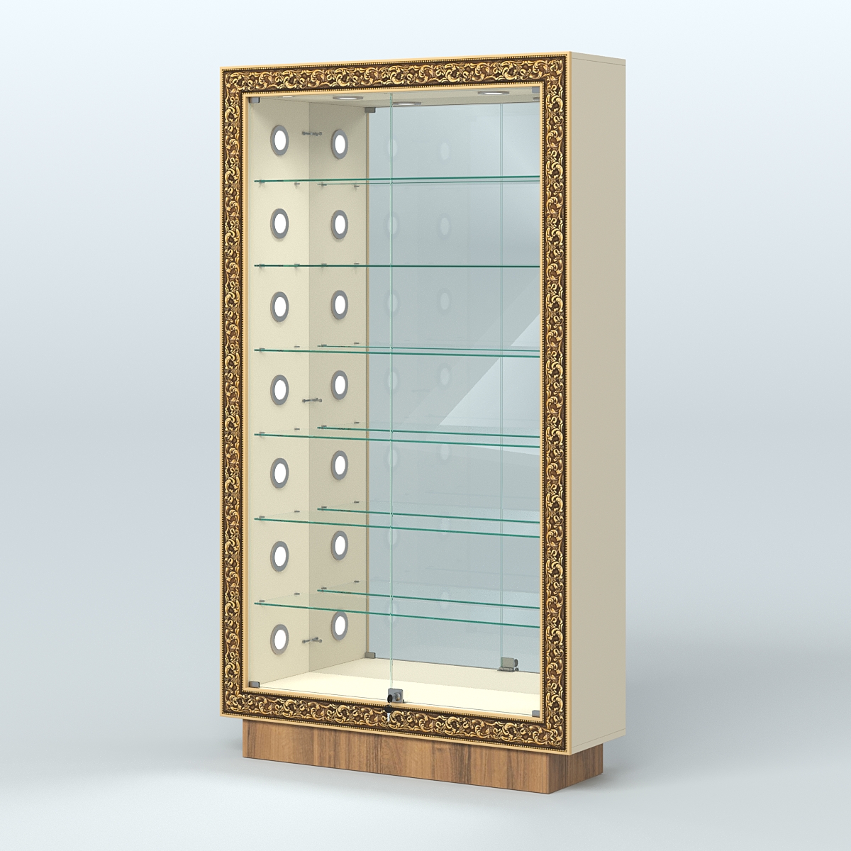 Низкая витрина с декором и шестью стеклянными полками НБА-11С Крем Вайс + Орех