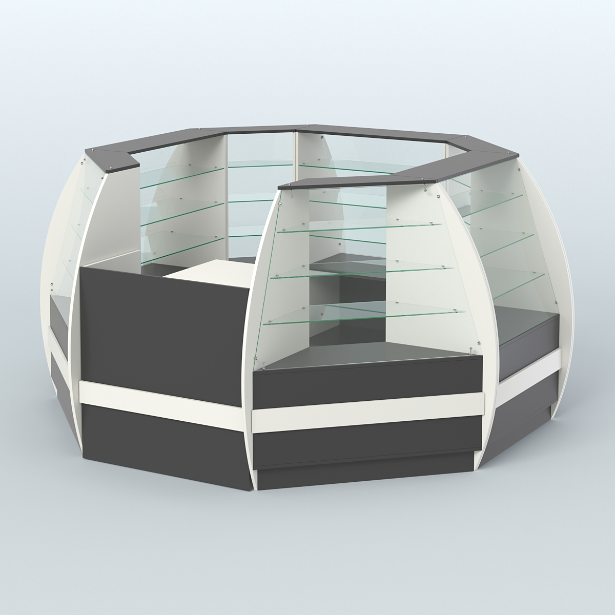 Торговый островок из стекла и дсп БРИЗ закругленный №1 Белый и Черный