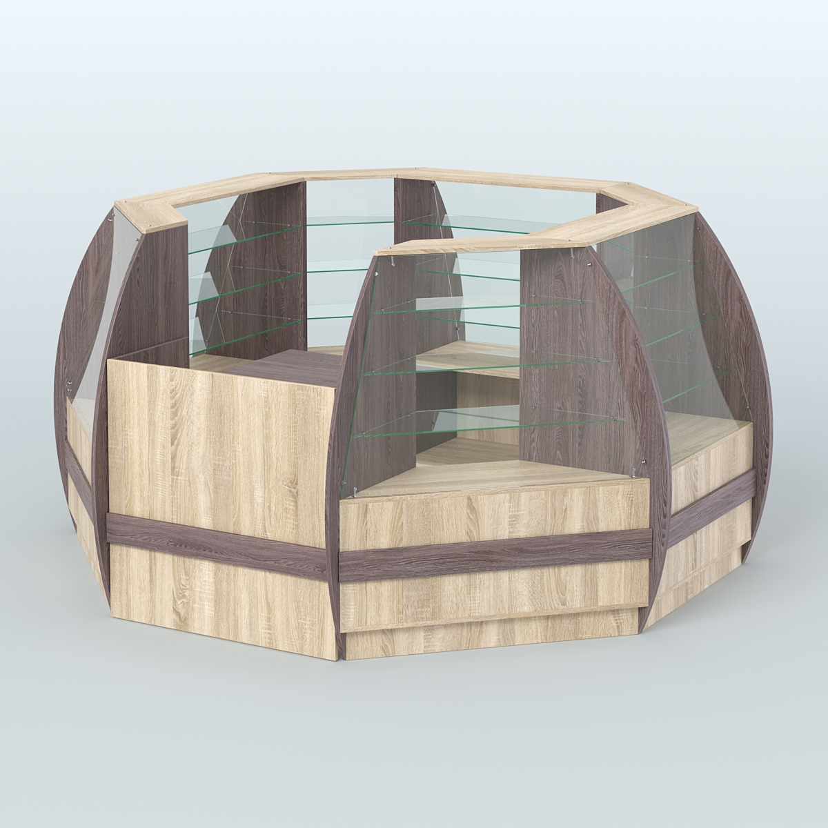 Торговый островок из стекла и дсп БРИЗ закругленный №1 Ясень Анкор темный и Дуб Сонома