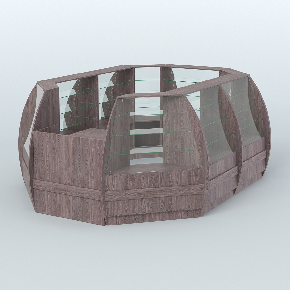Торговый островок из стекла и дсп БРИЗ с полукруглым фасадом №2 Ясень Анкор темный