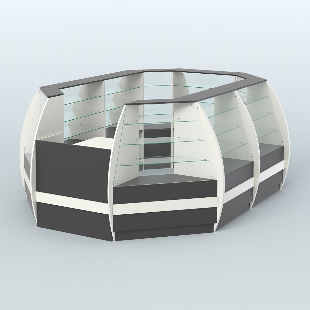 Торговый островок из стекла и дсп БРИЗ с полукруглым фасадом №2 Белый и Черный