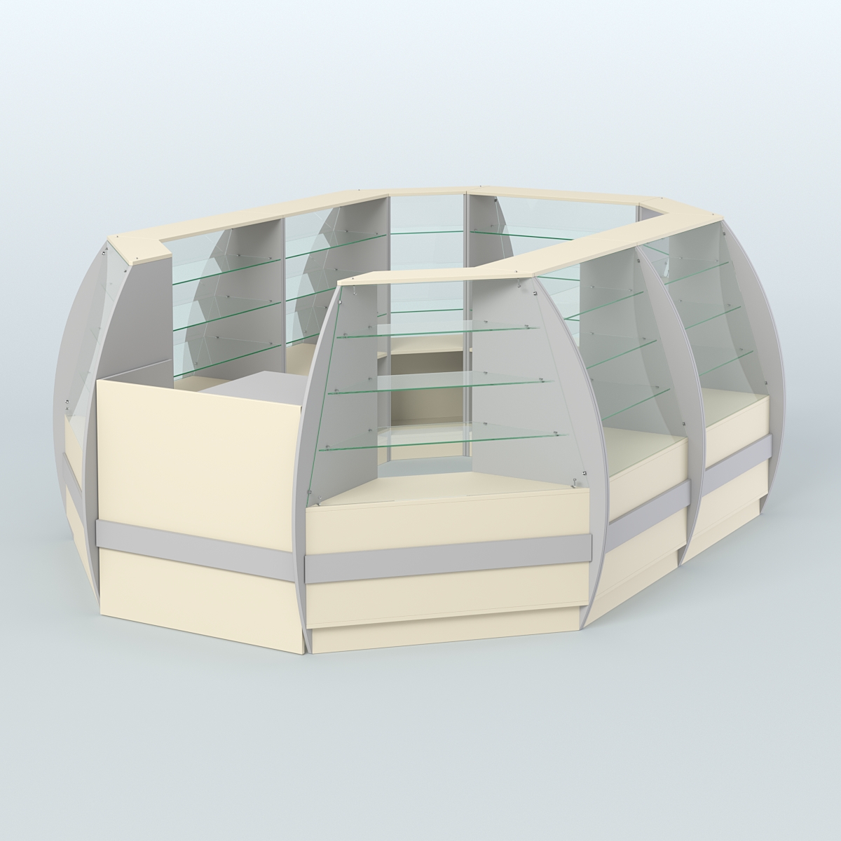 Торговый островок из стекла и дсп БРИЗ с полукруглым фасадом №2 Серый + Крем Вайс
