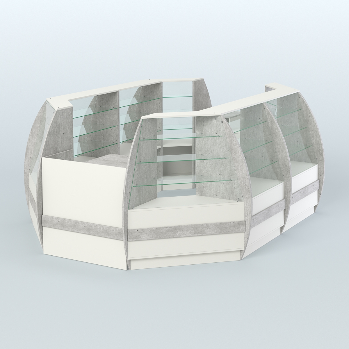 Торговый островок из стекла и дсп БРИЗ средний №3 Метрополитан Грей + Белый