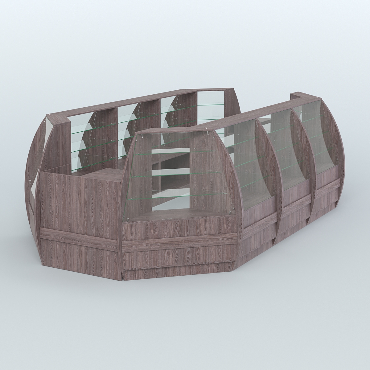 Торговый островок из стекла и дсп БРИЗ для двух продавцов №5 Ясень Анкор темный