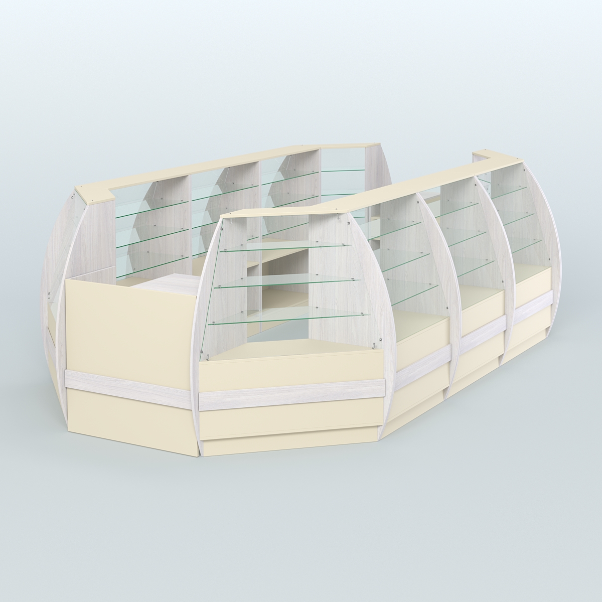 Торговый островок из стекла и дсп БРИЗ для двух продавцов №5 Ясень Анкор светлый и Крем Вайс