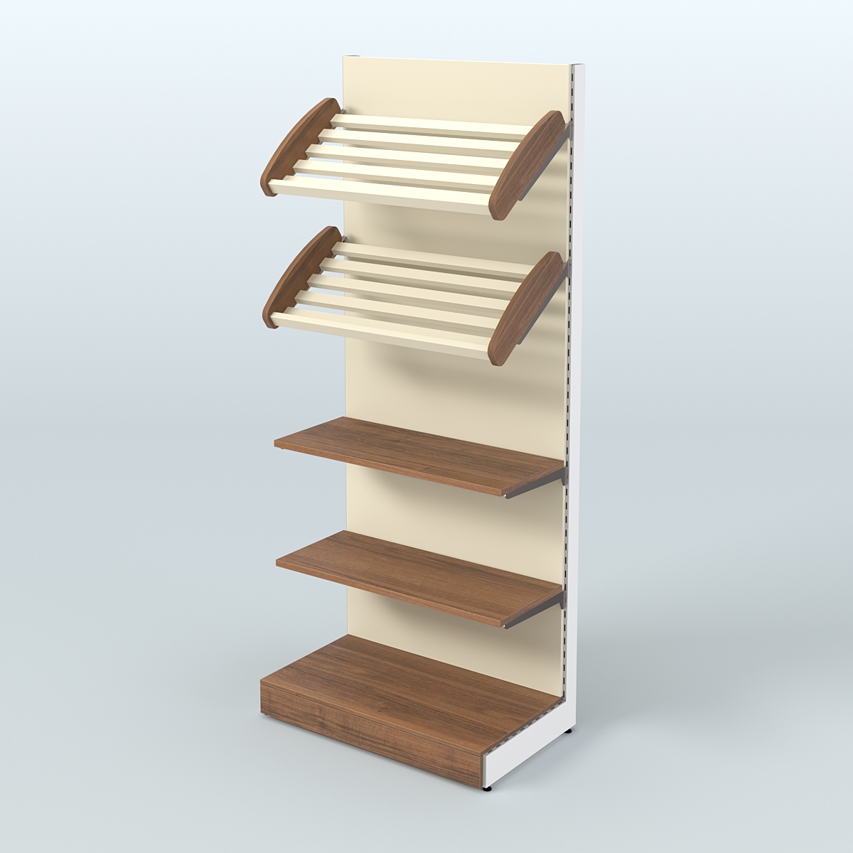 Торговый стеллаж высокий для продажи хлеба и выпечки с полками - корзинами СХ-2 Орех + Крем Вайс