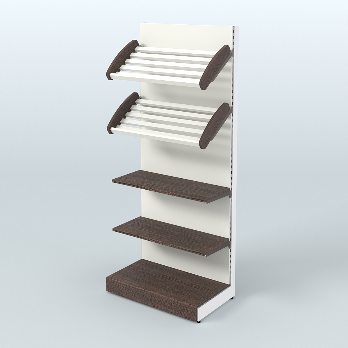 Торговый стеллаж высокий для продажи хлеба и выпечки с полками - корзинами СХ-2 Дуб Венге + Белый