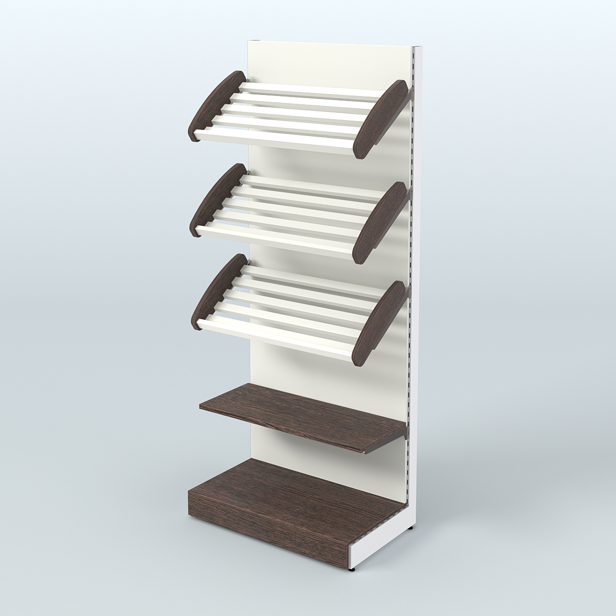 Торговый стеллаж с прямой полкой для продажи хлеба и выпечки с полками - корзинами СХ-3 Дуб Венге + Белый