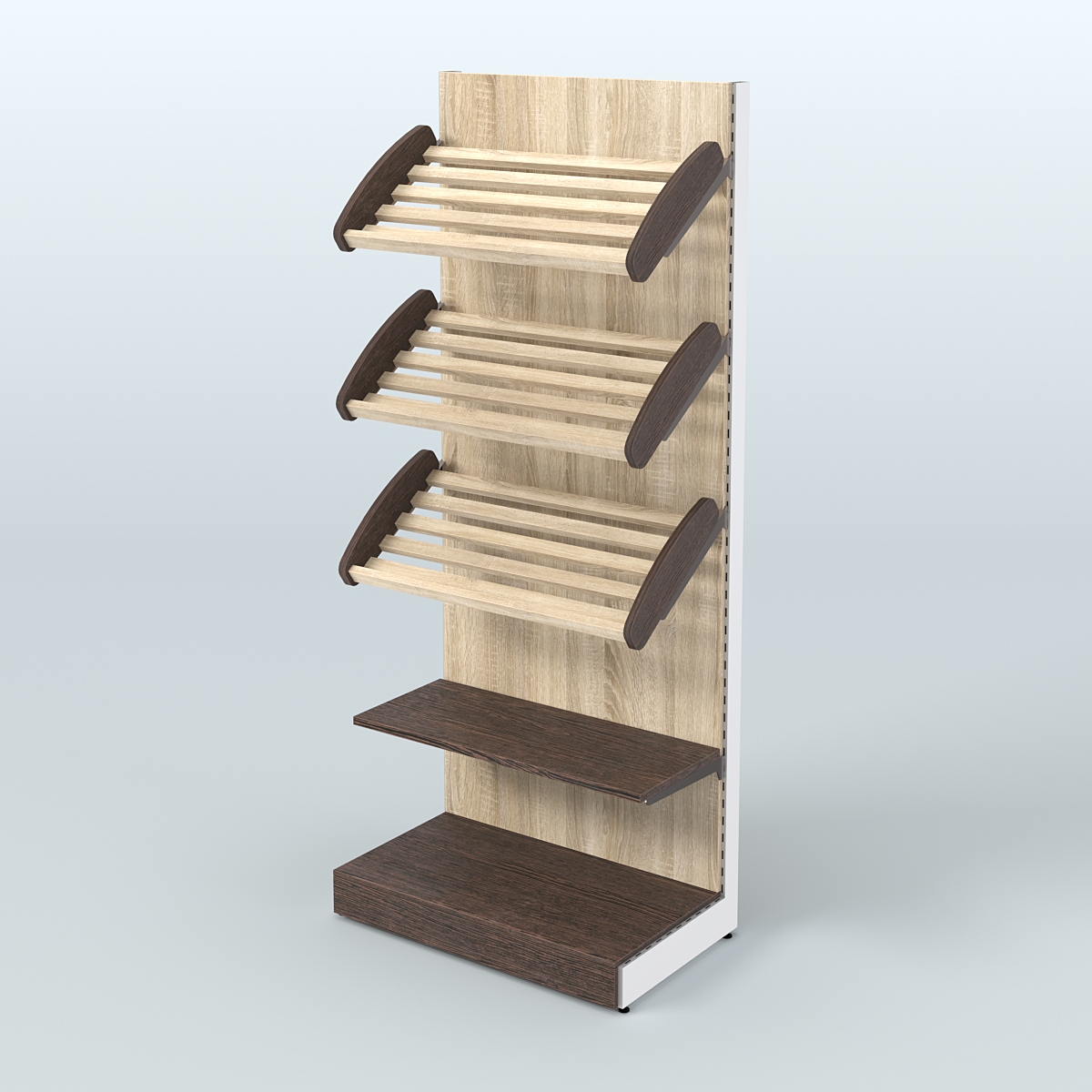 Торговый стеллаж с прямой полкой для продажи хлеба и выпечки с полками - корзинами СХ-3 Дуб Венге + Дуб Сонома