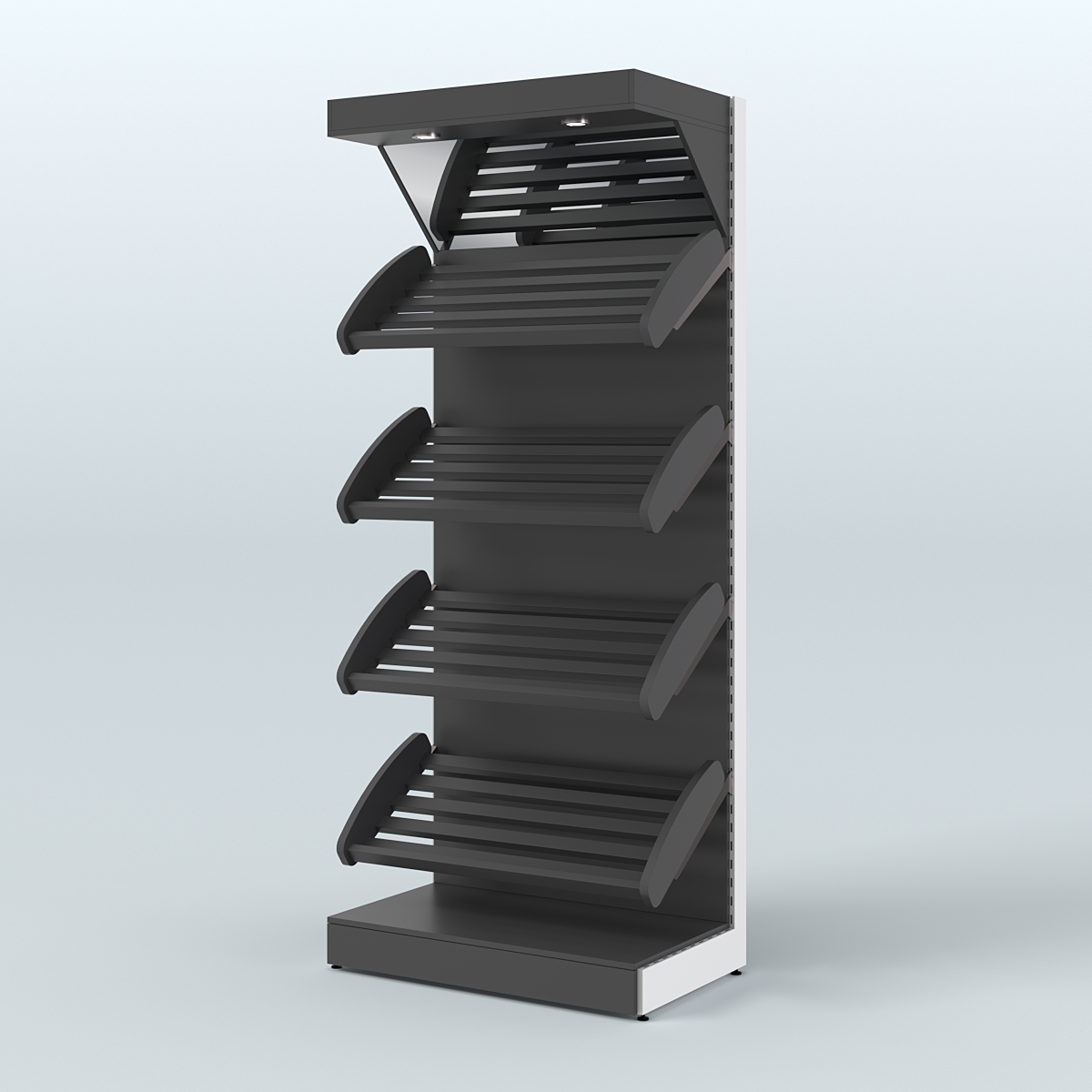 Стеллаж для продажи хлеба и выпечки с полками - корзинами и верхним зеркальным фризом СХФ-01 Черный