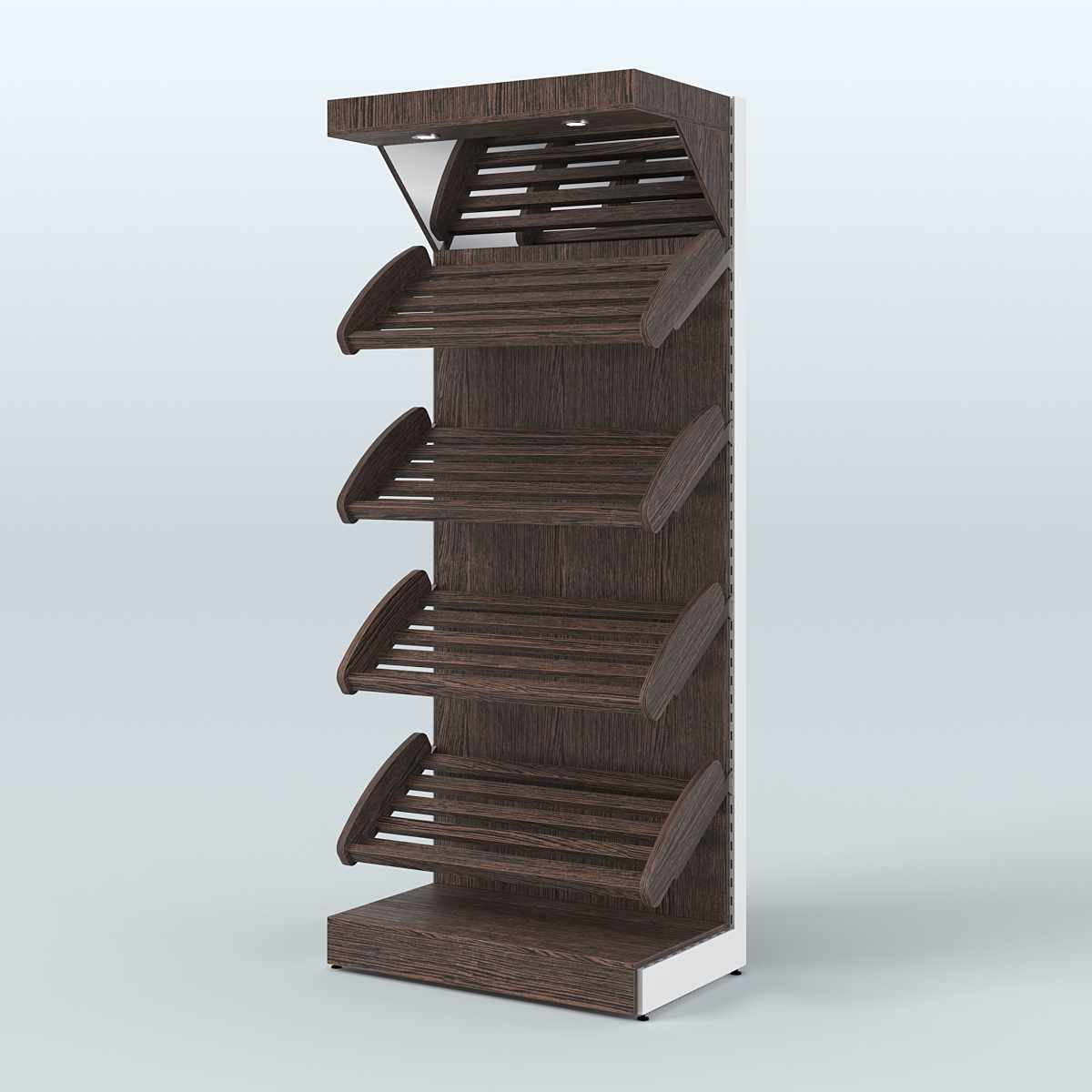 Стеллаж для продажи хлеба и выпечки с полками - корзинами и верхним зеркальным фризом СХФ-01 Дуб Венге