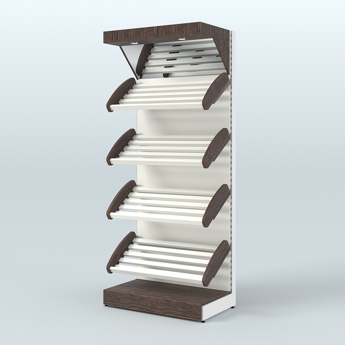 Стеллаж для продажи хлеба и выпечки с полками - корзинами и верхним зеркальным фризом СХФ-01 Дуб Венге + Белый