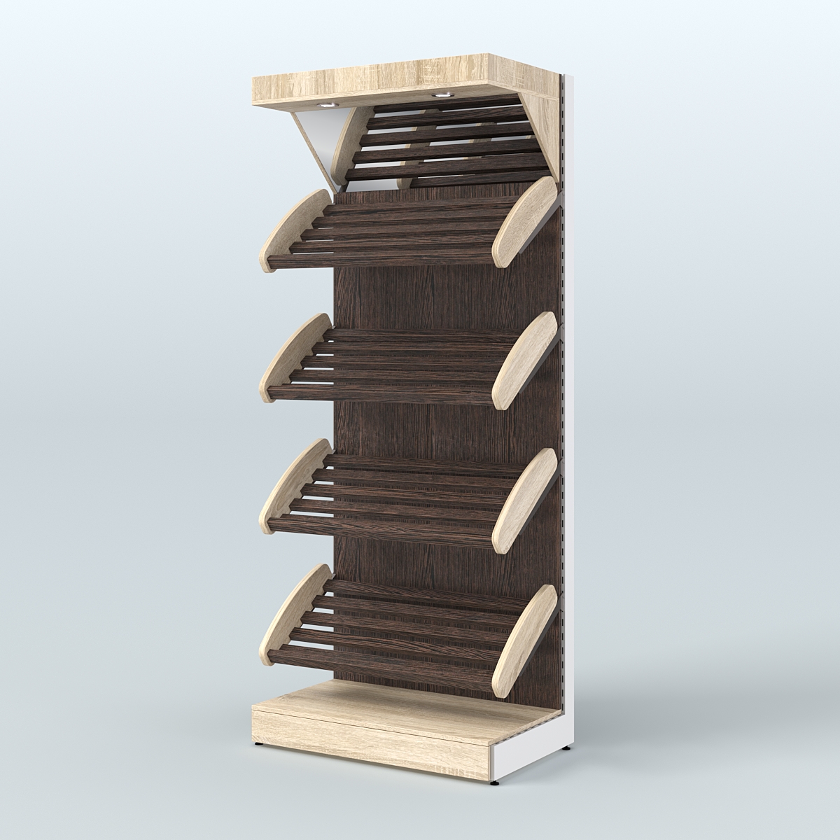 Стеллаж для продажи хлеба и выпечки с полками - корзинами и верхним зеркальным фризом СХФ-01 Дуб Сонома + Дуб Венге