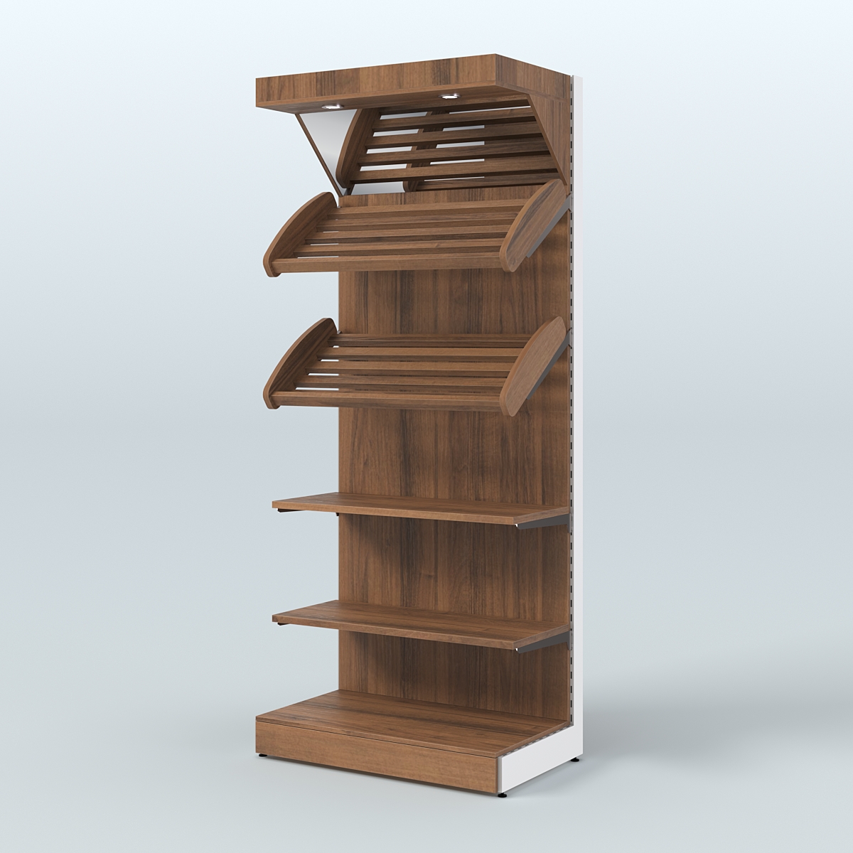 Пристенный стеллаж для продажи хлеба и выпечки с полками - корзинами и верхним зеркальным фризом СХФ-02 Орех