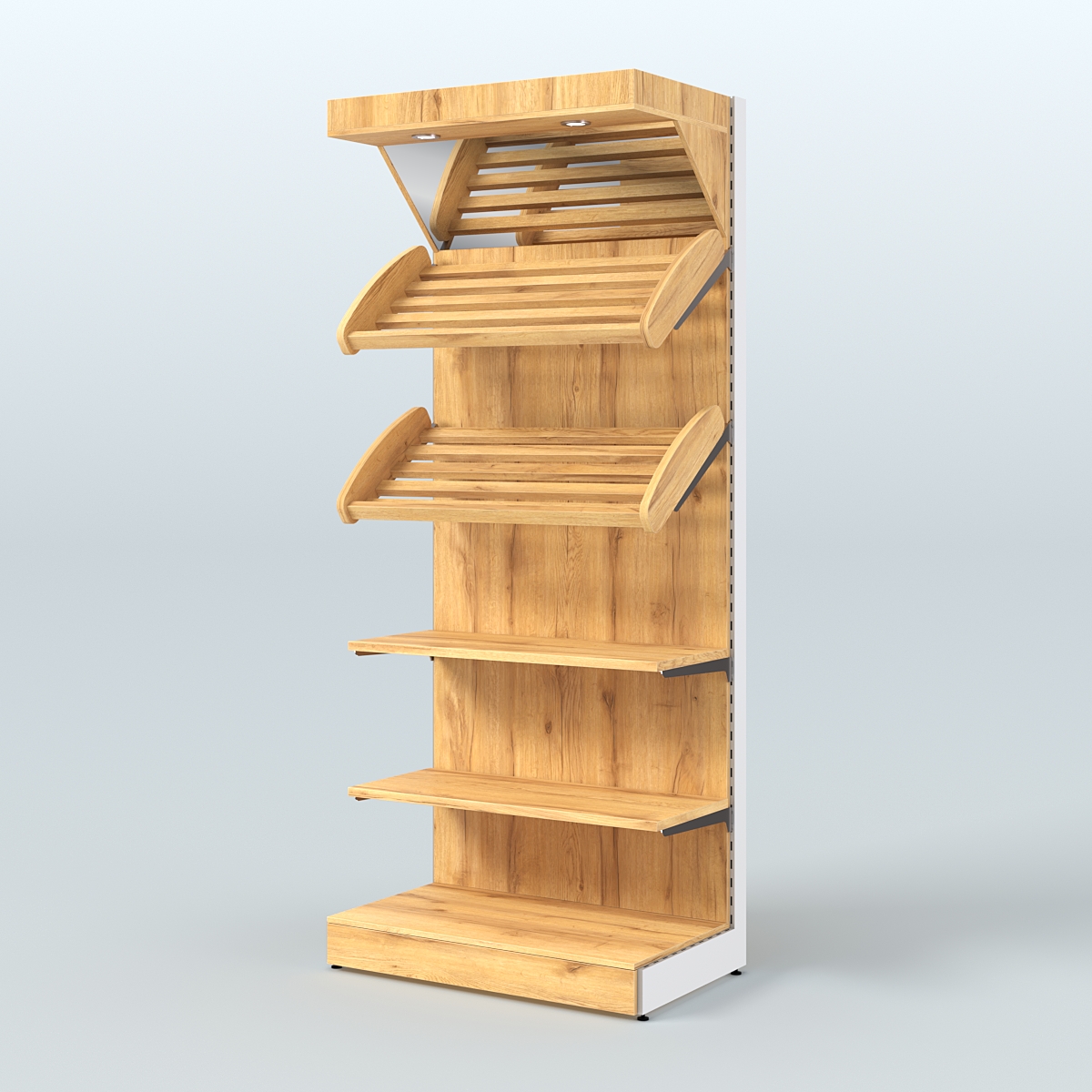 Пристенный стеллаж для продажи хлеба и выпечки с полками - корзинами и верхним зеркальным фризом СХФ-02 Дуб Золотистый