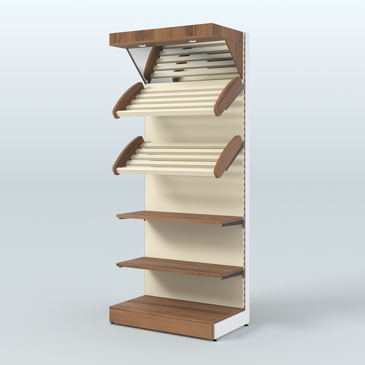 Пристенный стеллаж для продажи хлеба и выпечки с полками - корзинами и верхним зеркальным фризом СХФ-02 Орех + Крем Вайс