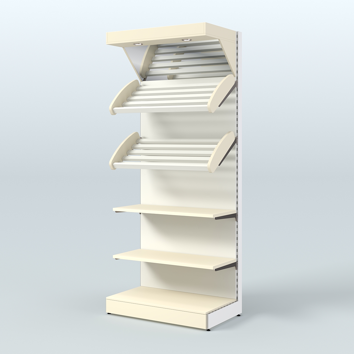 Пристенный стеллаж для продажи хлеба и выпечки с полками - корзинами и верхним зеркальным фризом СХФ-02 Крем Вайс + Белый