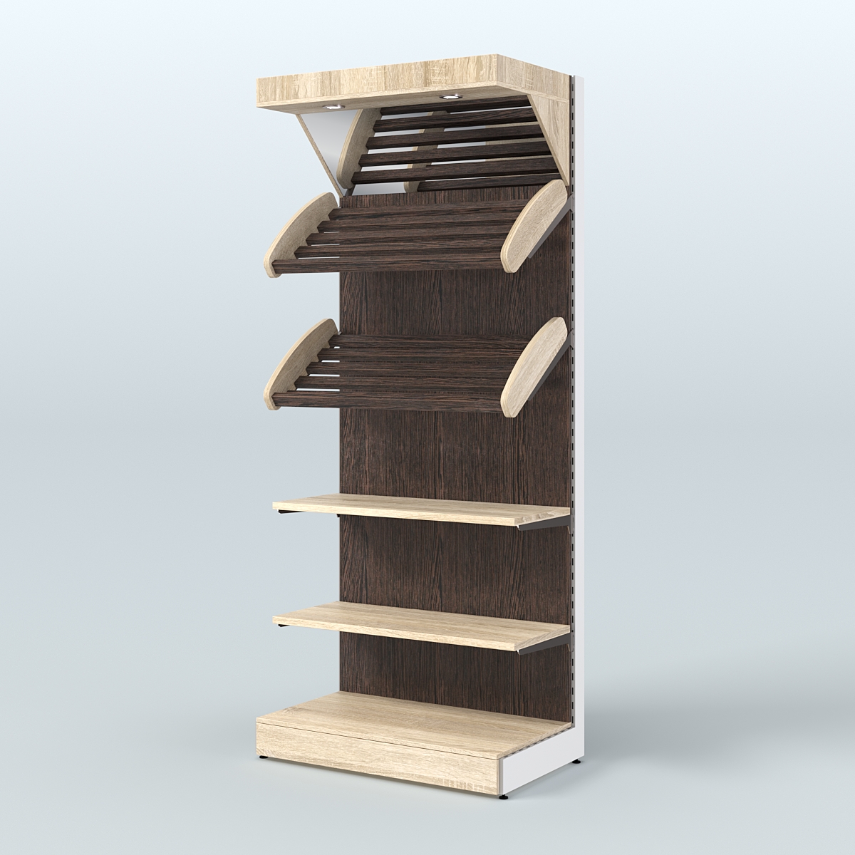 Пристенный стеллаж для продажи хлеба и выпечки с полками - корзинами и верхним зеркальным фризом СХФ-02 Дуб Сонома + Дуб Венге