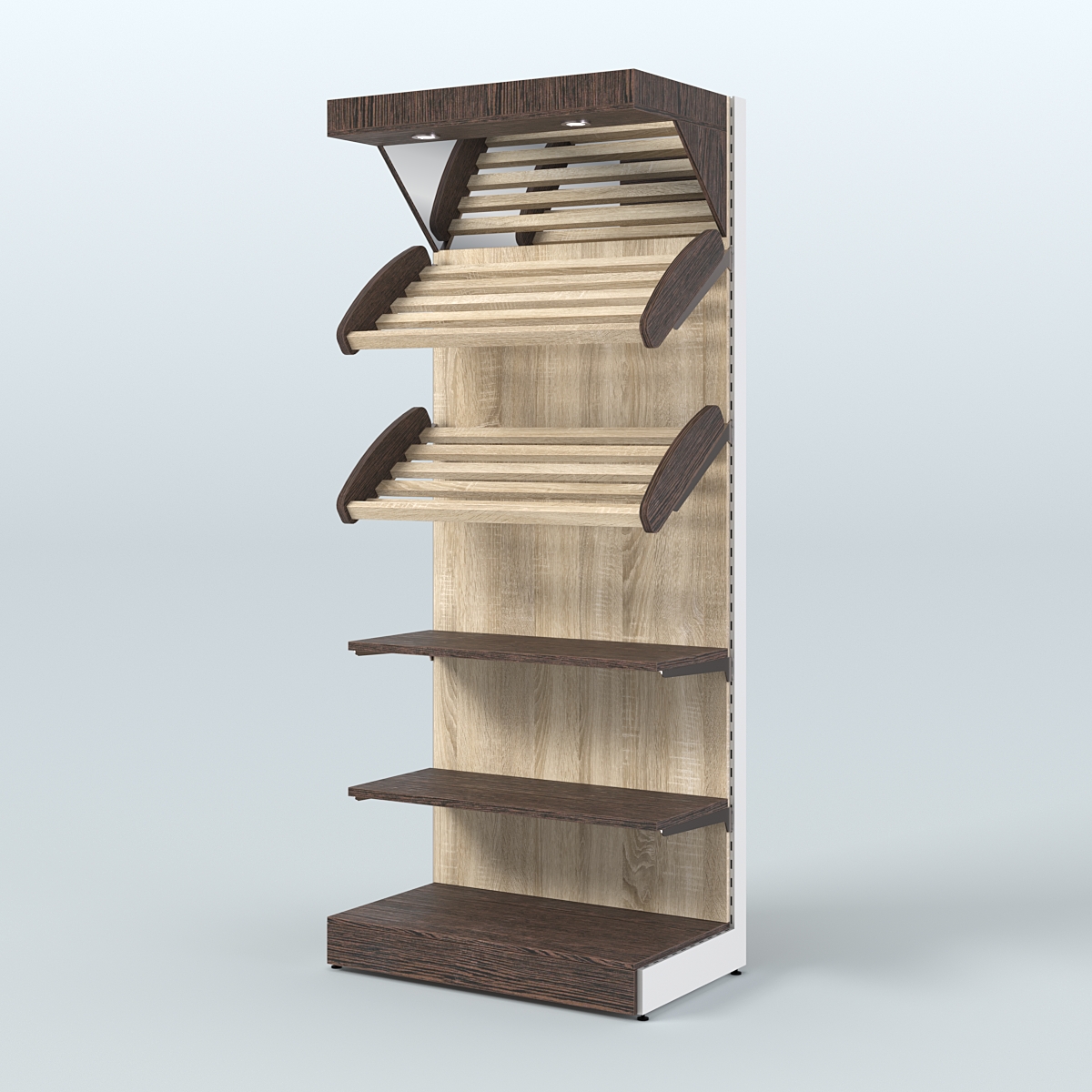 Пристенный стеллаж для продажи хлеба и выпечки с полками - корзинами и верхним зеркальным фризом СХФ-02 Дуб Венге + Дуб Сонома