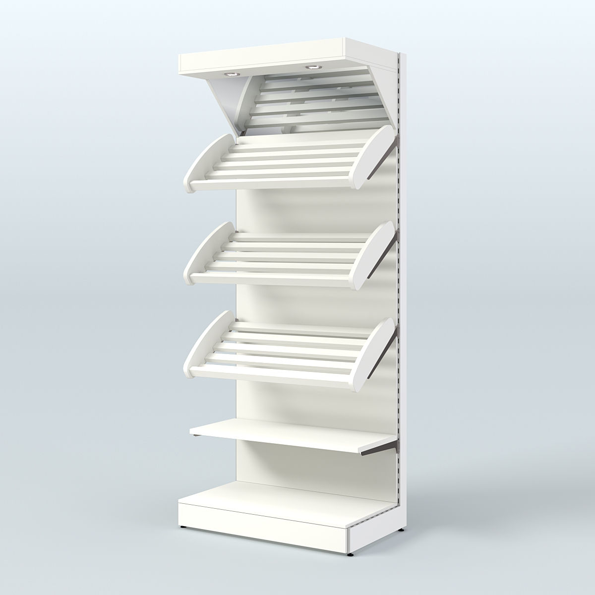 Высокий стеллаж для продажи хлеба и выпечки с полками - корзинами и верхним зеркальным фризом СХФ-03 Белый