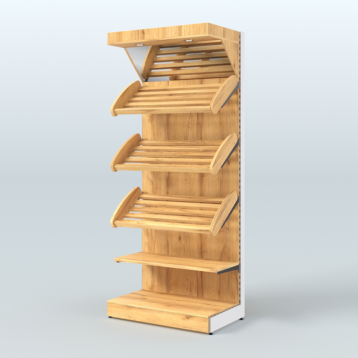 Высокий стеллаж для продажи хлеба и выпечки с полками - корзинами и верхним зеркальным фризом СХФ-03 Дуб Золотистый