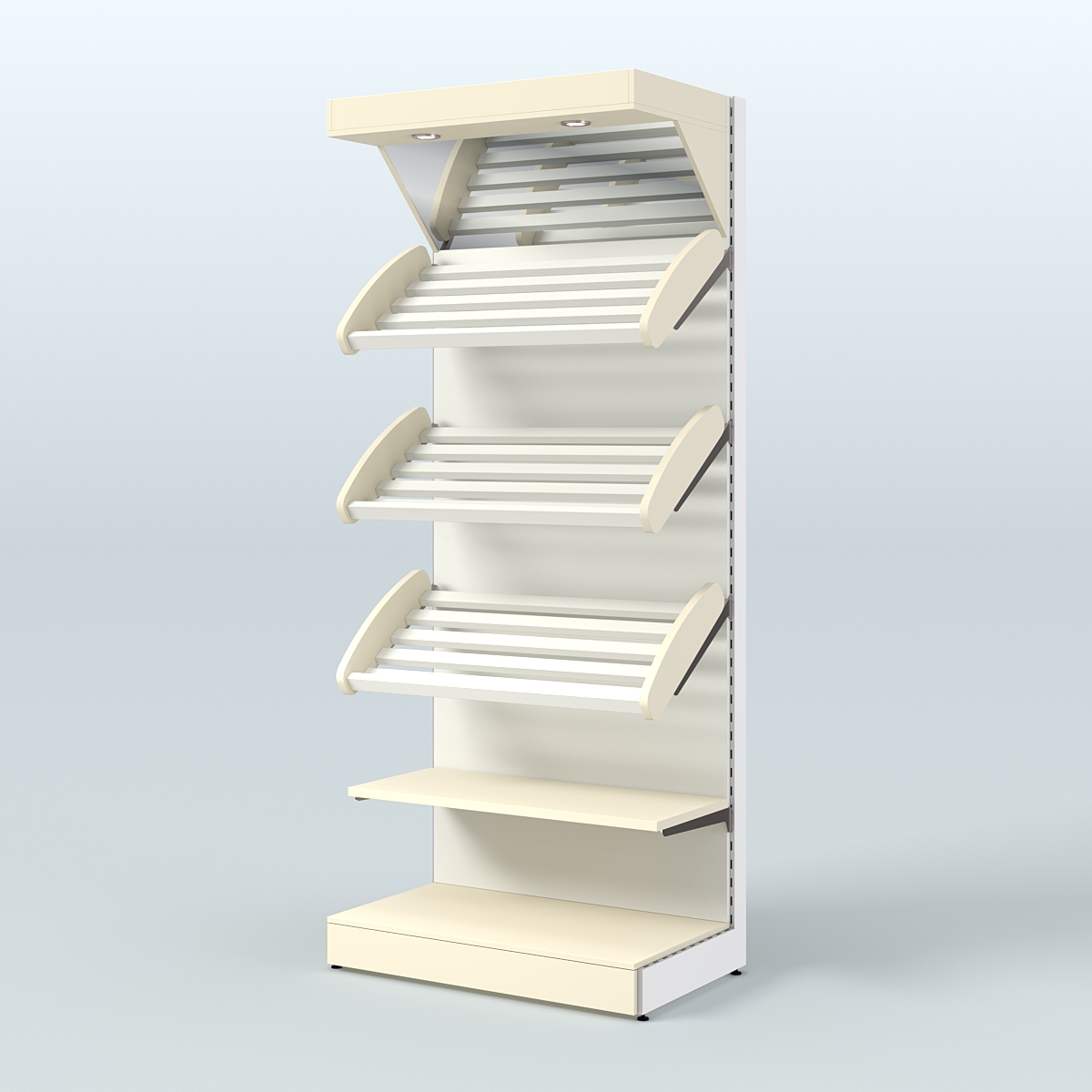 Высокий стеллаж для продажи хлеба и выпечки с полками - корзинами и верхним зеркальным фризом СХФ-03 Крем Вайс + Белый