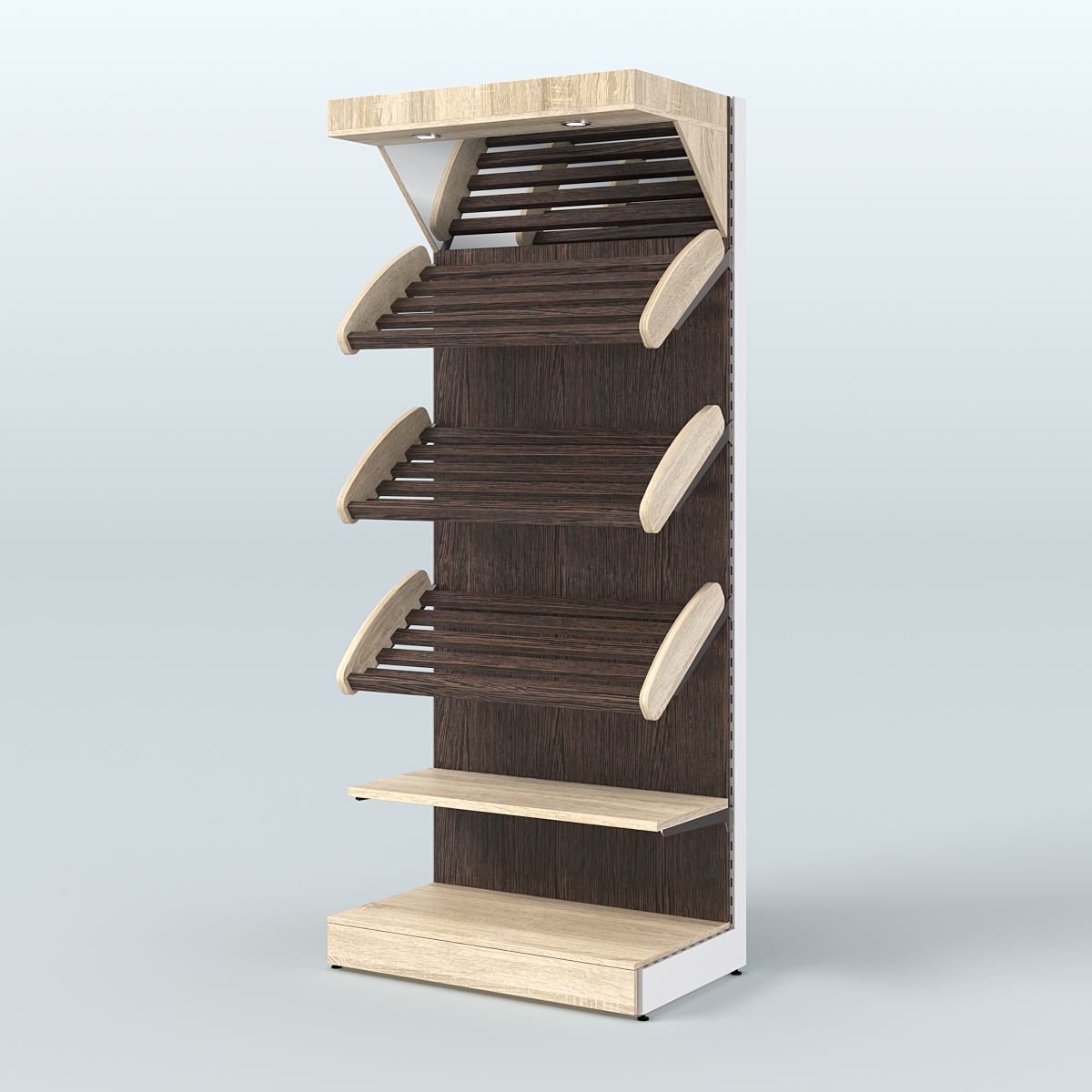 Высокий стеллаж для продажи хлеба и выпечки с полками - корзинами и верхним зеркальным фризом СХФ-03 Дуб Сонома + Дуб Венге