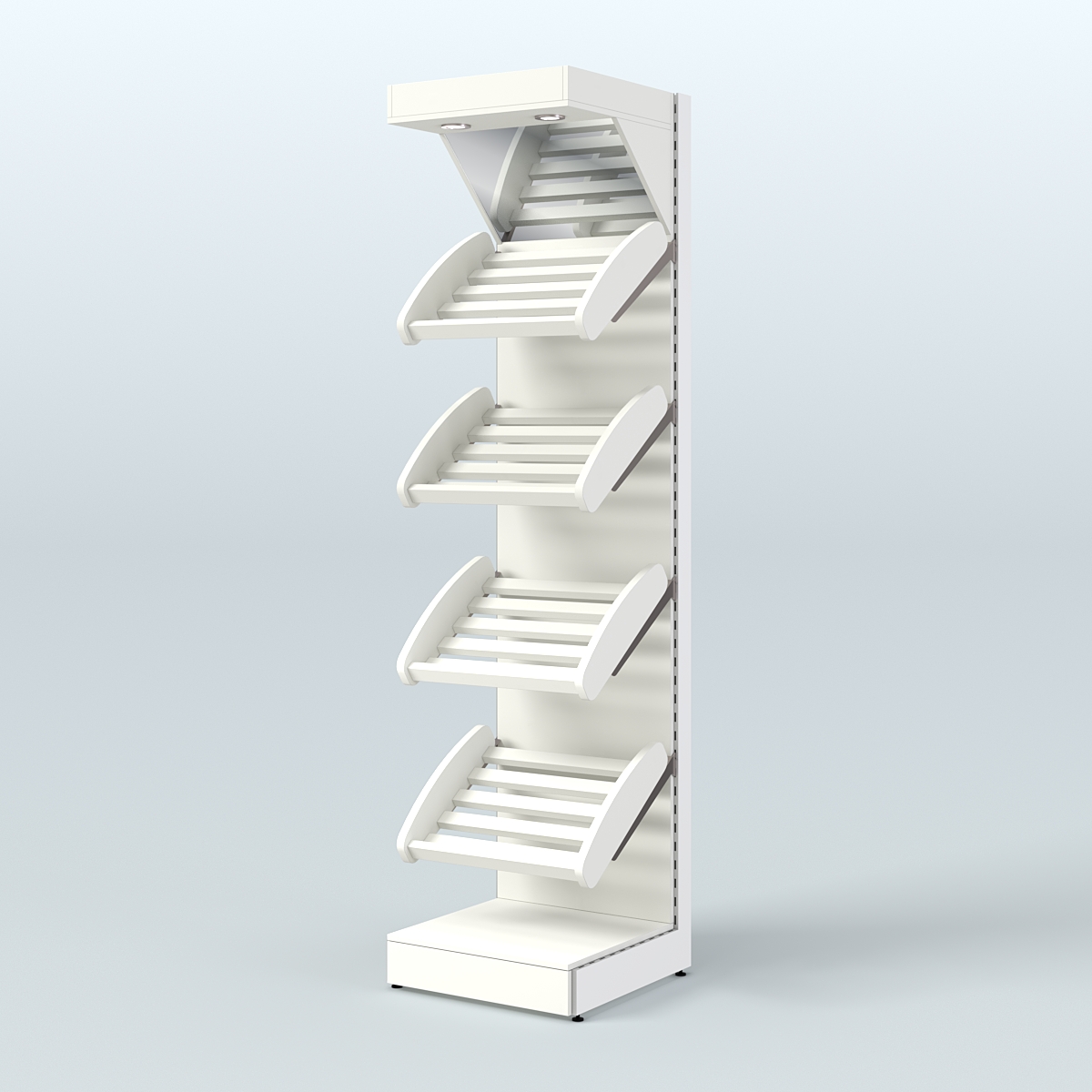 Узкий стеллаж для продажи хлеба и выпечки с полками - корзинами и верхним зеркальным фризом СХФ-04 Белый