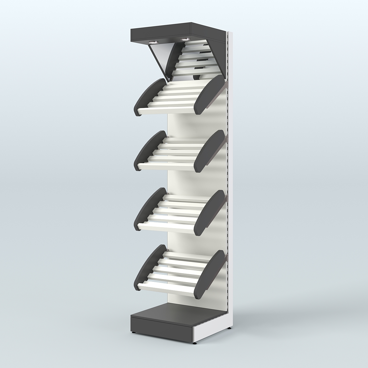Узкий стеллаж для продажи хлеба и выпечки с полками - корзинами и верхним зеркальным фризом СХФ-04 Черный и Белый