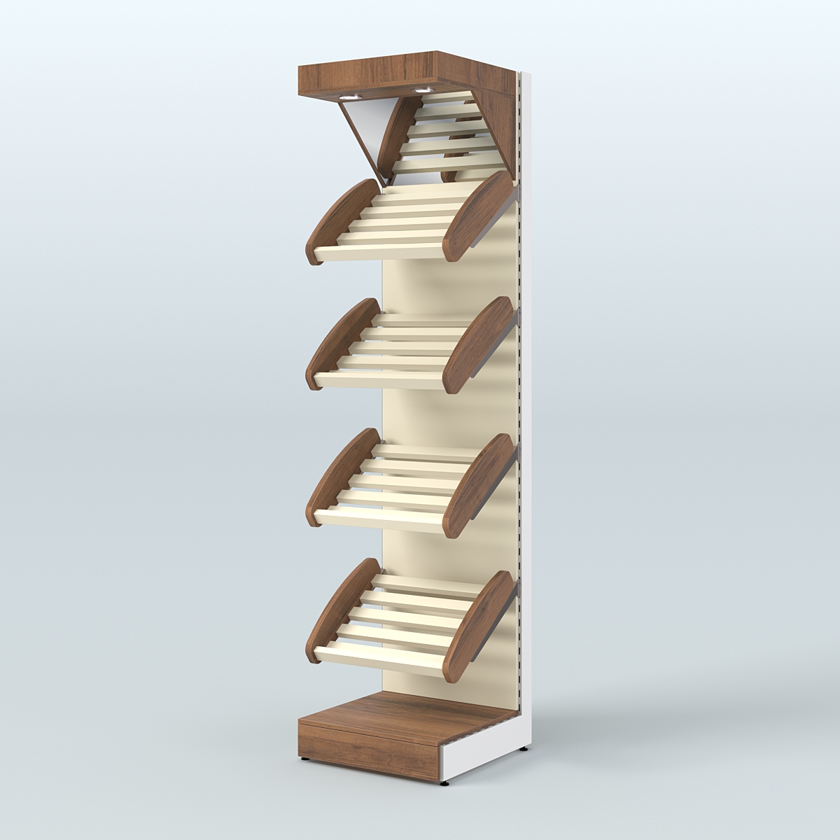 Узкий стеллаж для продажи хлеба и выпечки с полками - корзинами и верхним зеркальным фризом СХФ-04 Орех + Крем Вайс