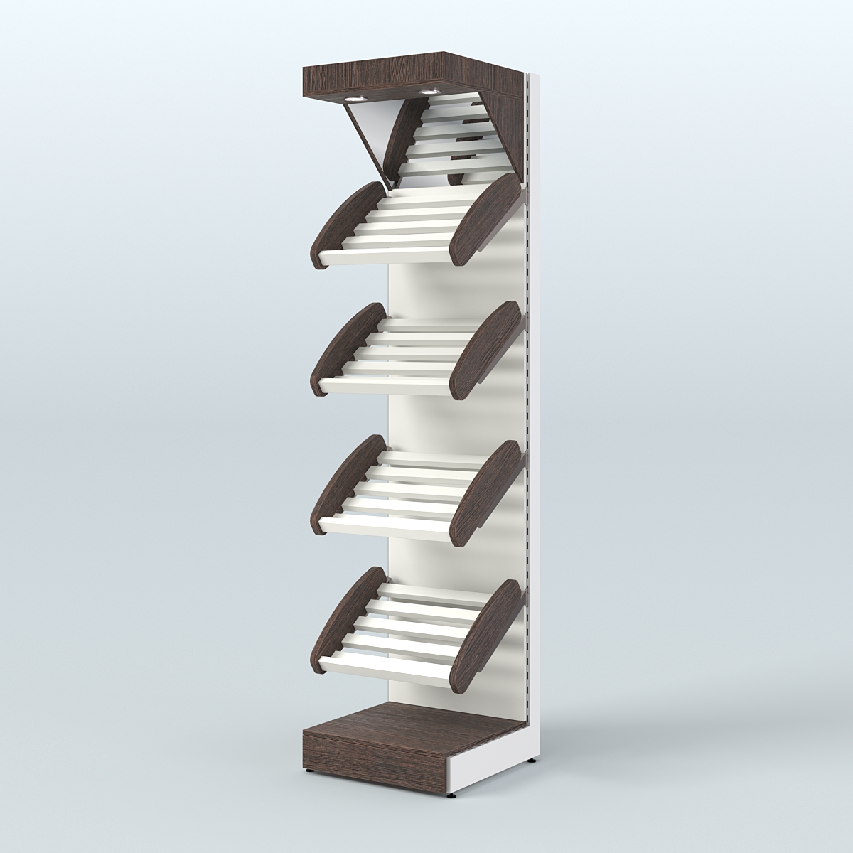 Узкий стеллаж для продажи хлеба и выпечки с полками - корзинами и верхним зеркальным фризом СХФ-04 Дуб Венге + Белый