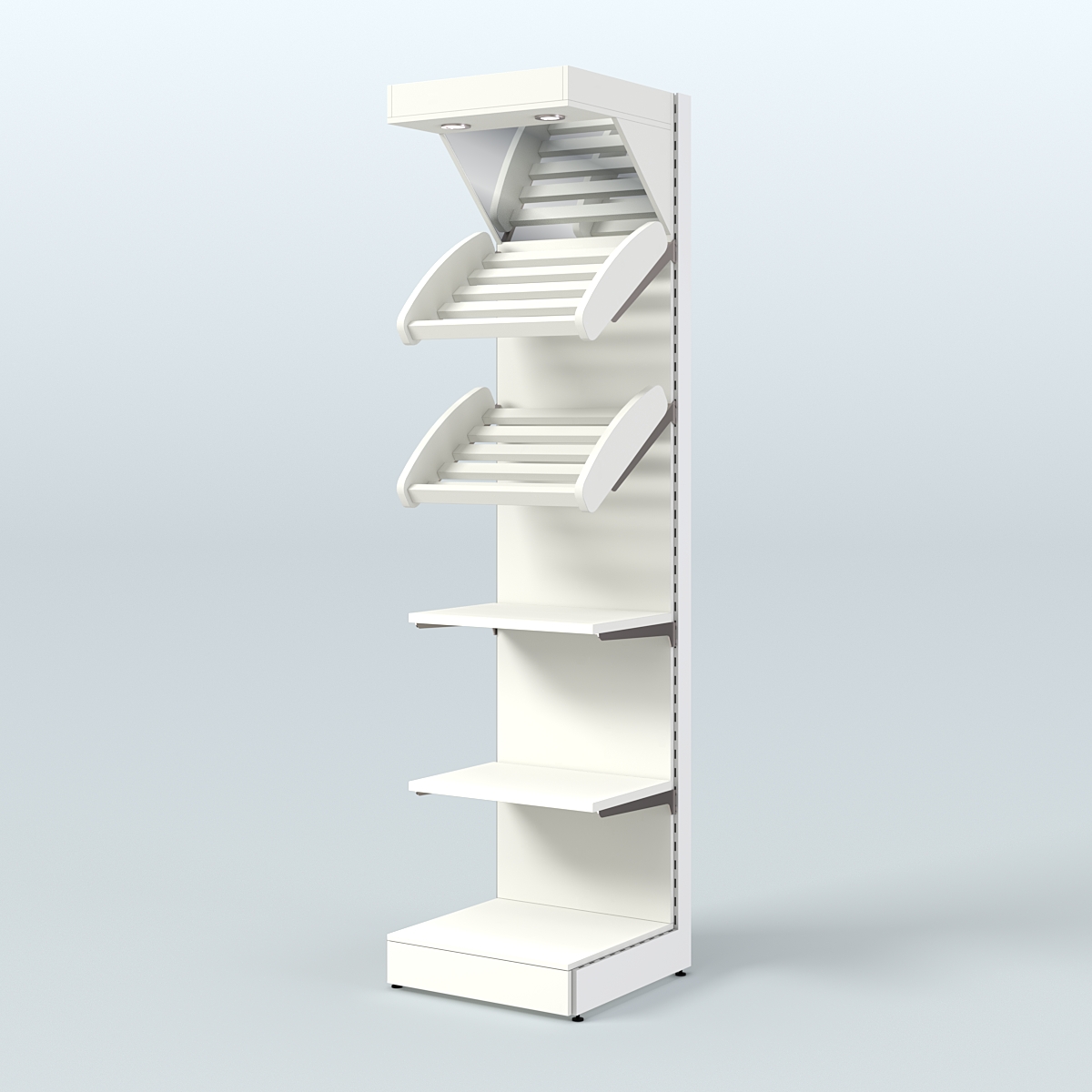 Малый стеллаж для продажи хлеба и выпечки с полками - корзинами и верхним зеркальным фризом СХФ-05 Белый