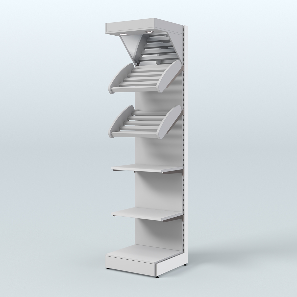 Малый стеллаж для продажи хлеба и выпечки с полками - корзинами и верхним зеркальным фризом СХФ-05 Серый