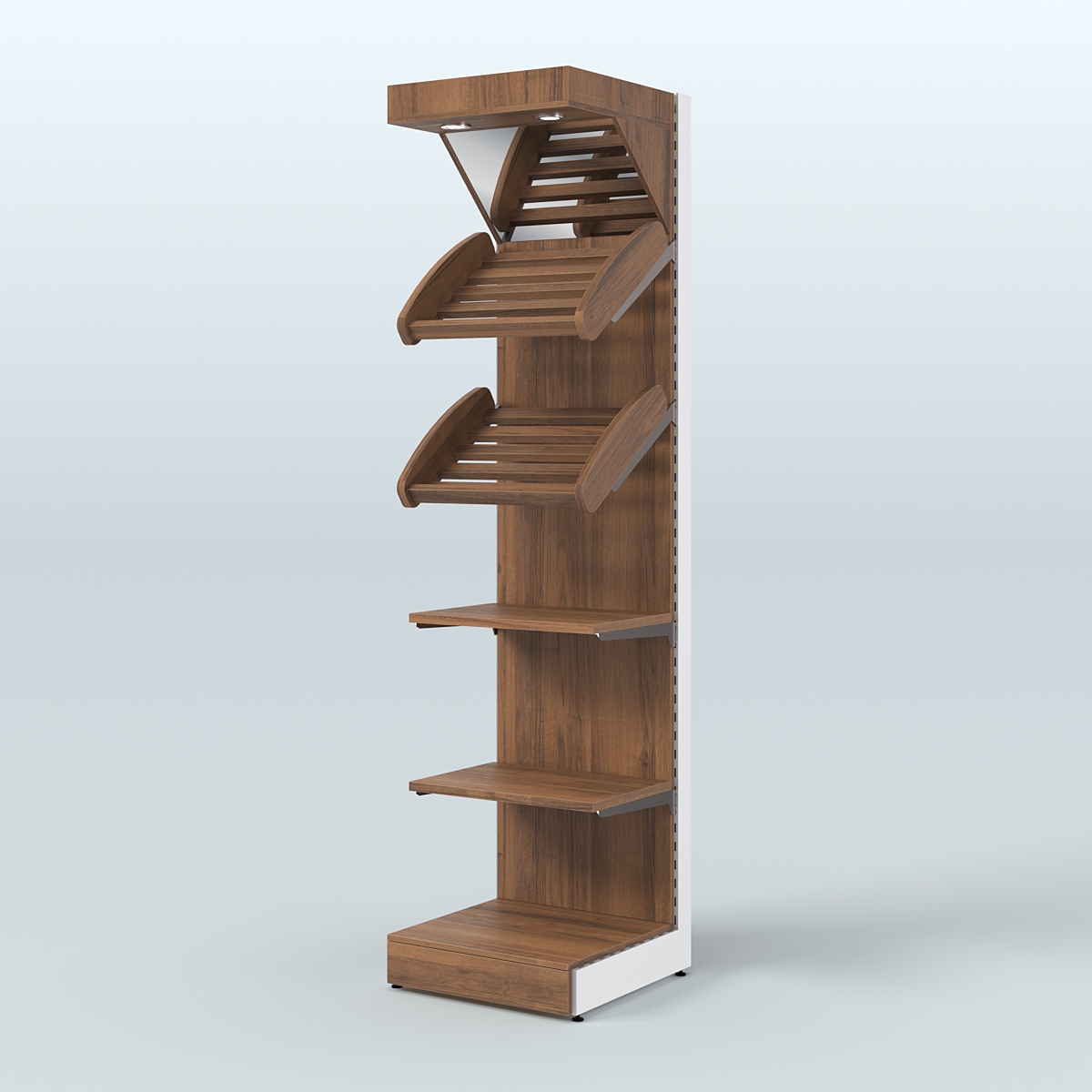 Малый стеллаж для продажи хлеба и выпечки с полками - корзинами и верхним зеркальным фризом СХФ-05 Орех