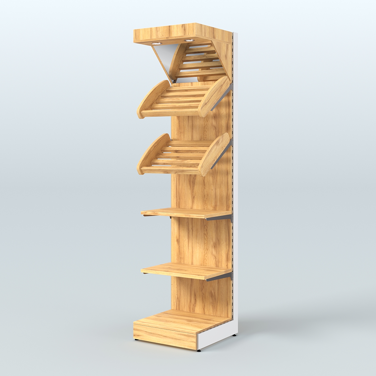 Малый стеллаж для продажи хлеба и выпечки с полками - корзинами и верхним зеркальным фризом СХФ-05 Дуб Золотистый