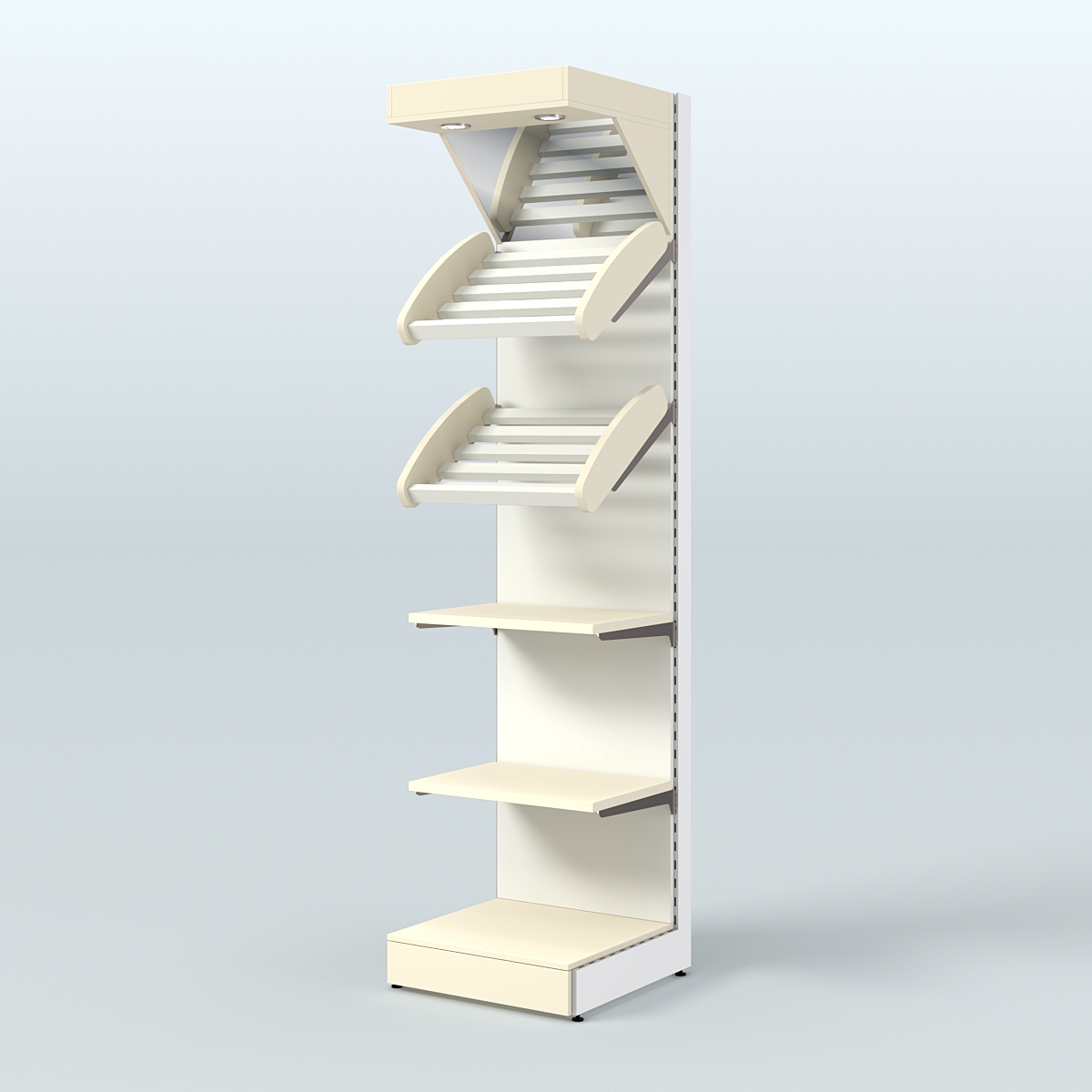 Малый стеллаж для продажи хлеба и выпечки с полками - корзинами и верхним зеркальным фризом СХФ-05 Крем Вайс + Белый