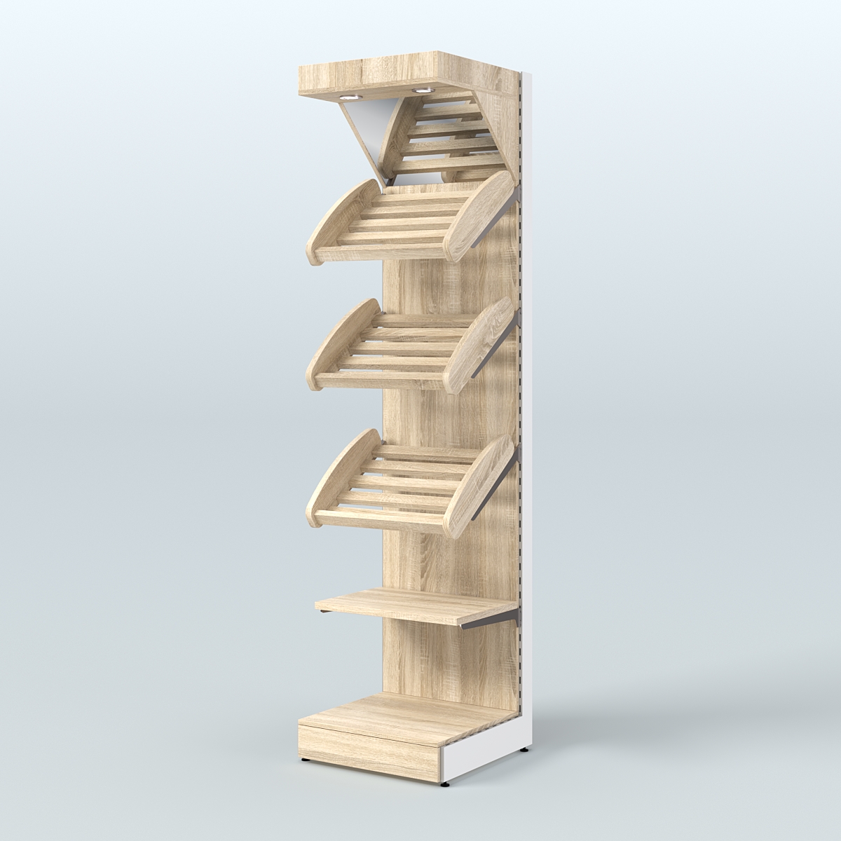 Средний стеллаж для продажи хлеба и выпечки с полками - корзинами и верхним зеркальным фризом СХФ-06 Дуб сонома