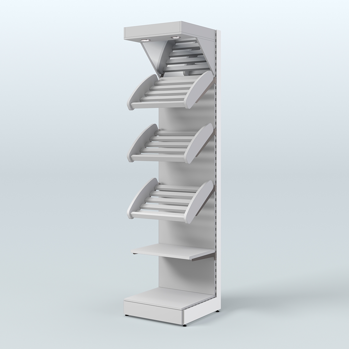 Средний стеллаж для продажи хлеба и выпечки с полками - корзинами и верхним зеркальным фризом СХФ-06 Серый