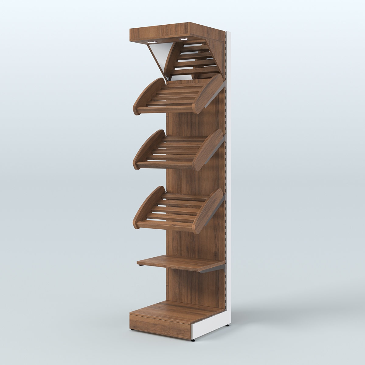 Средний стеллаж для продажи хлеба и выпечки с полками - корзинами и верхним зеркальным фризом СХФ-06 Орех