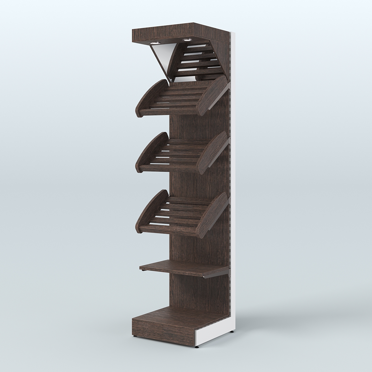 Средний стеллаж для продажи хлеба и выпечки с полками - корзинами и верхним зеркальным фризом СХФ-06 Дуб Венге