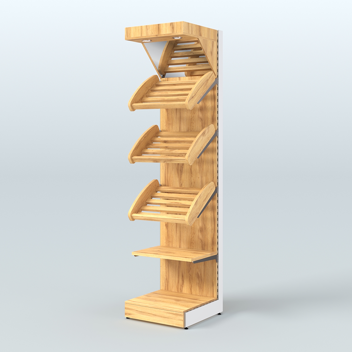 Средний стеллаж для продажи хлеба и выпечки с полками - корзинами и верхним зеркальным фризом СХФ-06 Дуб Золотистый